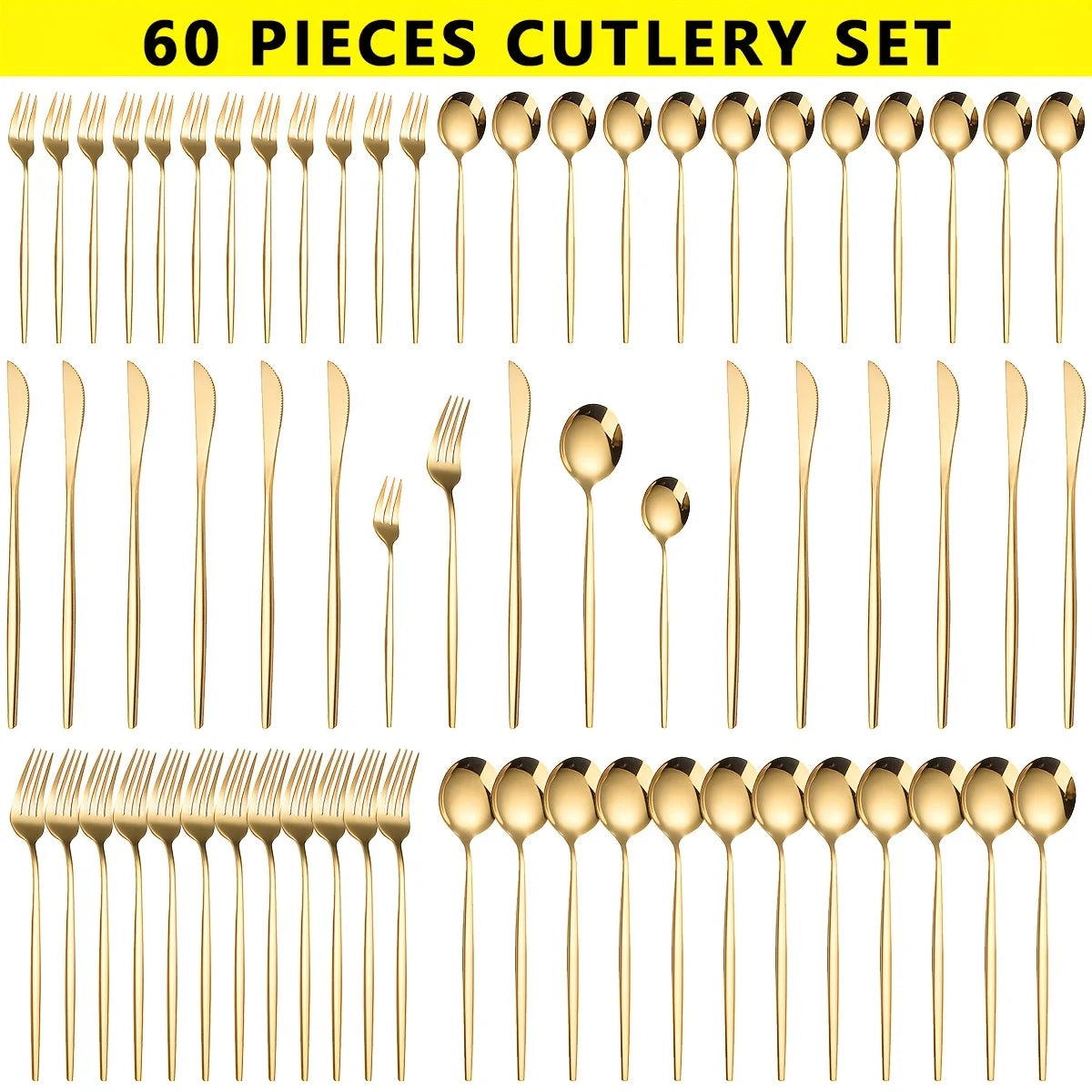 60pcs Stainless Steel - Luxe Golden Cutlery Set, Mirror Polished, Dishwasher Safe, Includes Knives, Forks & Spoons in Gift Box,