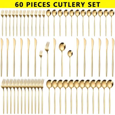 60pcs Stainless Steel - Luxe Golden Cutlery Set, Mirror Polished, Dishwasher Safe, Includes Knives, Forks & Spoons in Gift Box,