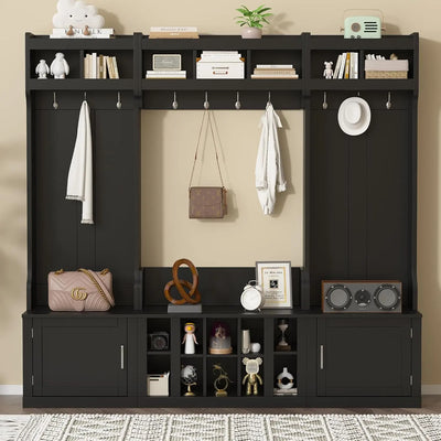 Coat Rack with Storage Bench, Shoe Cabinet with Cube Storage & Shelves, Hall Tree with 8 Hooks for Entryways, Clothes Racks