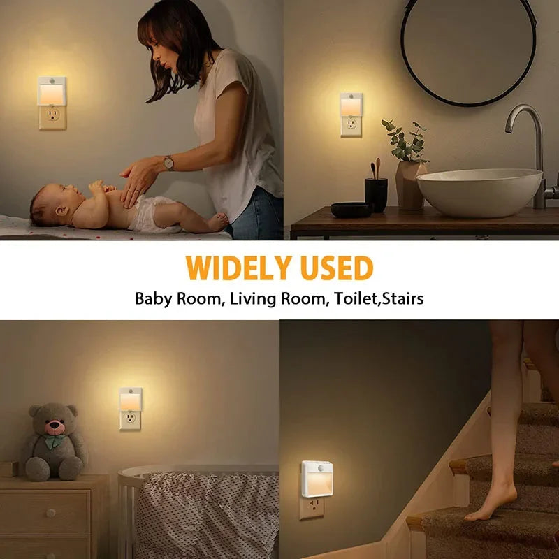 Motion Sensor Night Lights with US EU UK AU Plug Dimmable LED Warm White Ambient Light 2 in 1 Bedroom Living Room Toilet Stairs