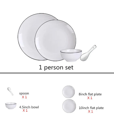 White With Black Edge Dinner Plate Set Ceramic Serving Tray Food Dishes Rice Salad Noodles Bowl Soup Kitchen Dinnerware