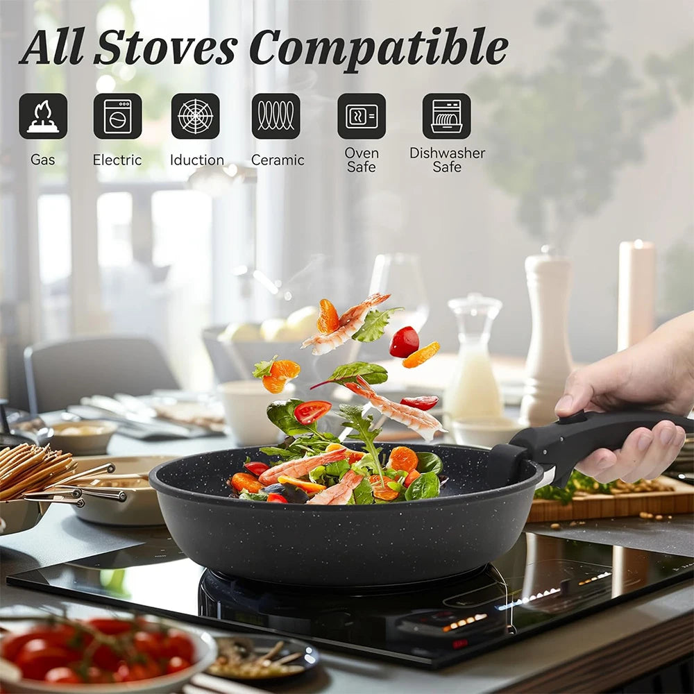 DONNOR Induction Cookware Set 5 Pieces Pots and Pans Set Non Stick Granite Stackable RV Cookware Cooking Set For All Hobs JT272