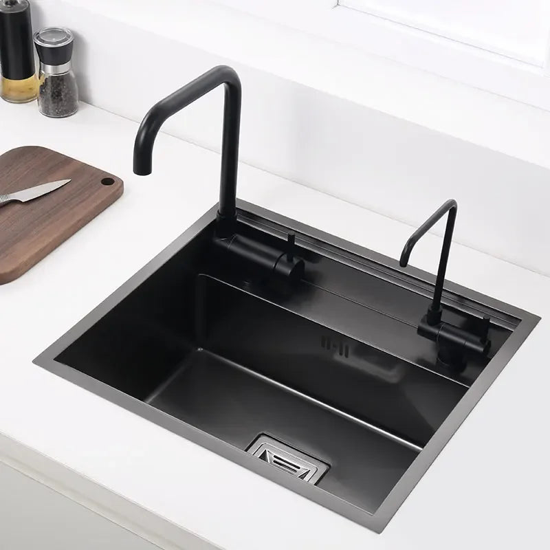 Hidden Black Kitchen Sink Bowl Bar Stainless Steel Balcony Sink Concealed Black Bar Sink with Clean Water Tap Open Kitchen