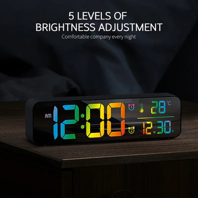 Large Music Digital Wall Clock Temperature Date 5 Level Brightness 12/24H 2 Alarms USB Powered Mirror LED Alarm Clock