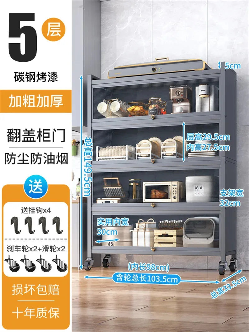 Modern Carbon Steel Kitchen Cabinets Home Storage Cabinet Multi-functional Multi-layer Microwave Oven Floor Rack with Flip Door