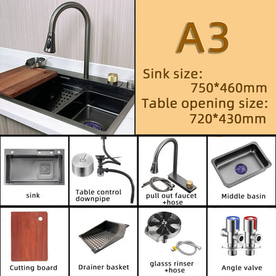 30 inch single bowl Tiktok Trends Metal Grey Stainless Steel Kitchen Sink with Rainfall Faucet & pull lefton kitchen sink set