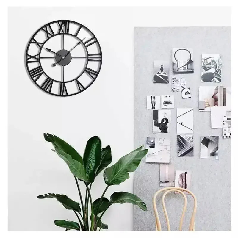 40/47/60/80cm Wall Clock Modern 3D Large Retro Black Iron Round Hollow Metal Wall Clock Nordic Roman Numerals Clock Home Decor