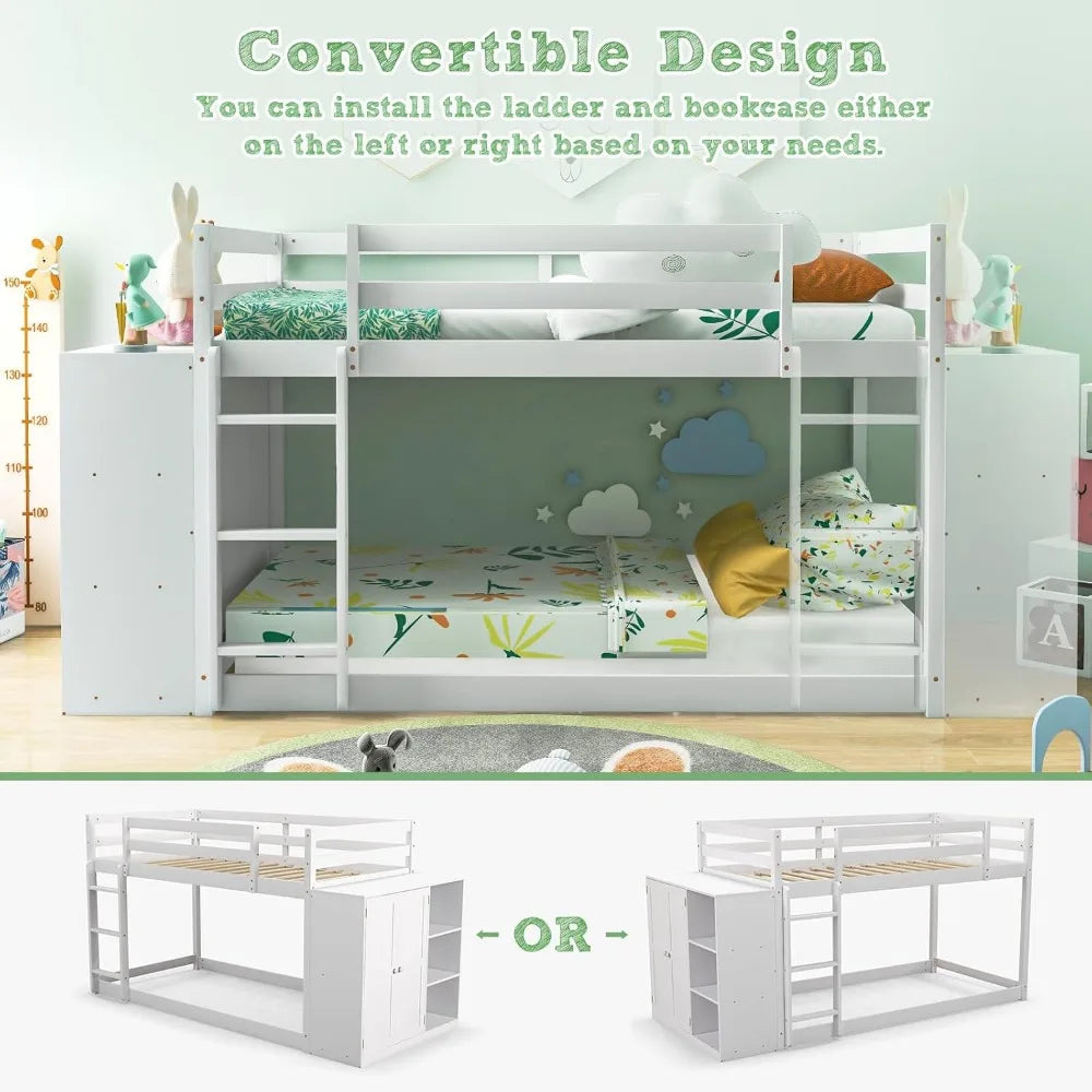 Twin Over Twin Bunk Bed with Storage Shelves, Solid Wood Bunk Bed Frame with Convertible Bookcase & Ladder for Kids Teens