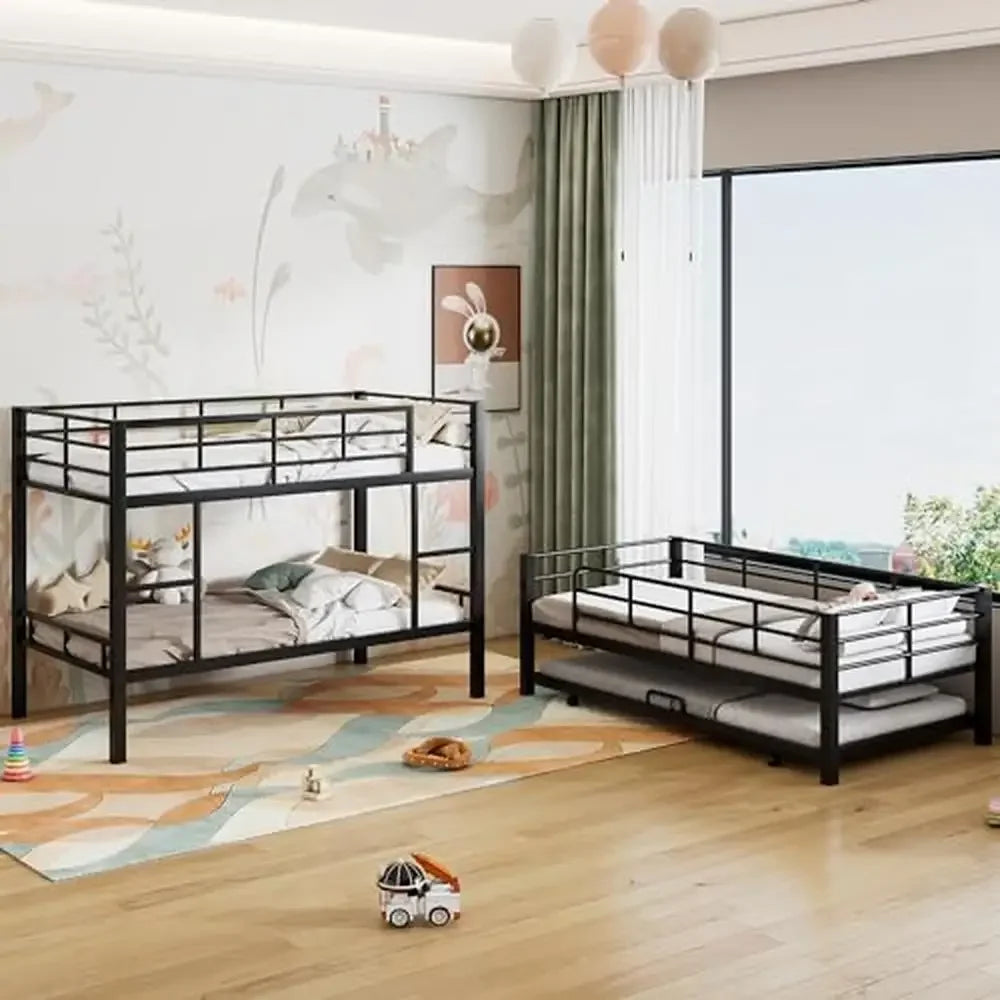 Triple Bunk Bed with Trundle Metal 3 Single Beds 2 Ladders Safety Rails Sturdy & Stylish Twin/Twin/Twin Space-Saving Design