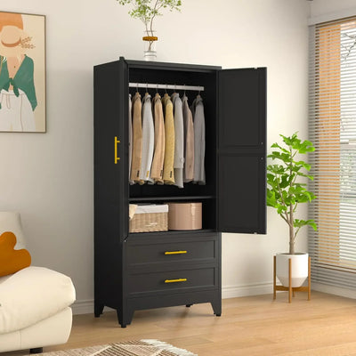 71.39" H Metal Armoire Wardrobe Closet with 2 Drawers, Adjustable Shelve, Clothes Drying Pole,Steel Wardrobe Cabinet for Bedroom