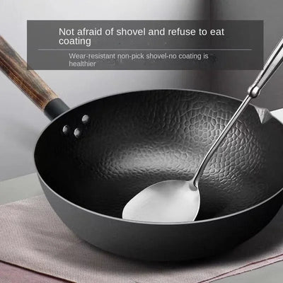 Carbon Steel Wok Pan 32cm Stir-Fry Pans with Wooden Lid Uncoated Flat Bottom Chinese Pan for Induction Electric Gas All Stoves