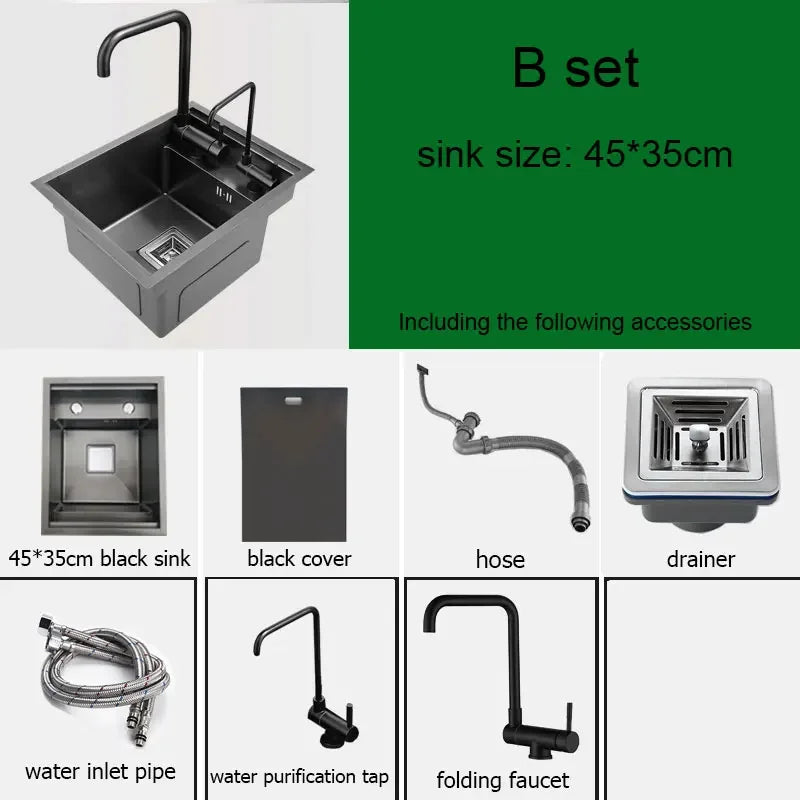 Black Hidden Kitchen Sink Bowl Bar Stainless Steel Balcony Sink Concealed Black Kitchen Sink Bar  with Clean Water Tap