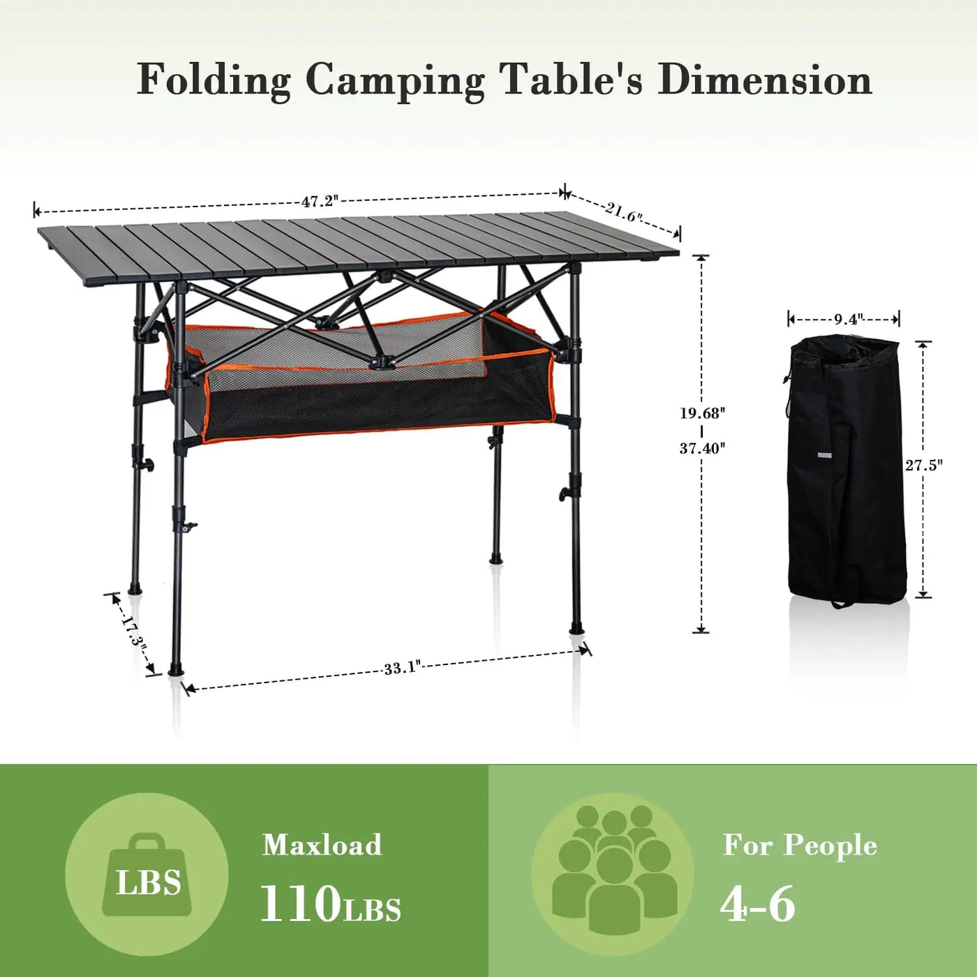 Acode Folding Camping Table, Portable Aluminum Roll-Up Picnic Table With Adjustable Height, Large Storage Bag And Carrying Bag,