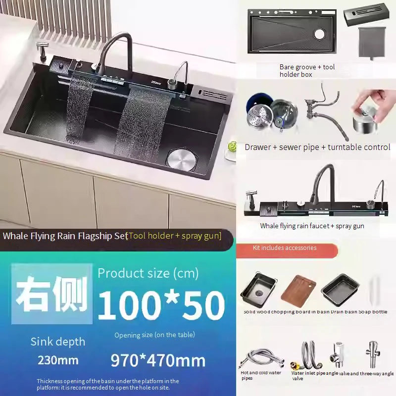 Stainless Steel Waterfall Kitchen Sink Digital Display Extra Large Single Bowl Multifunctional Household Vegetable Washing Sink