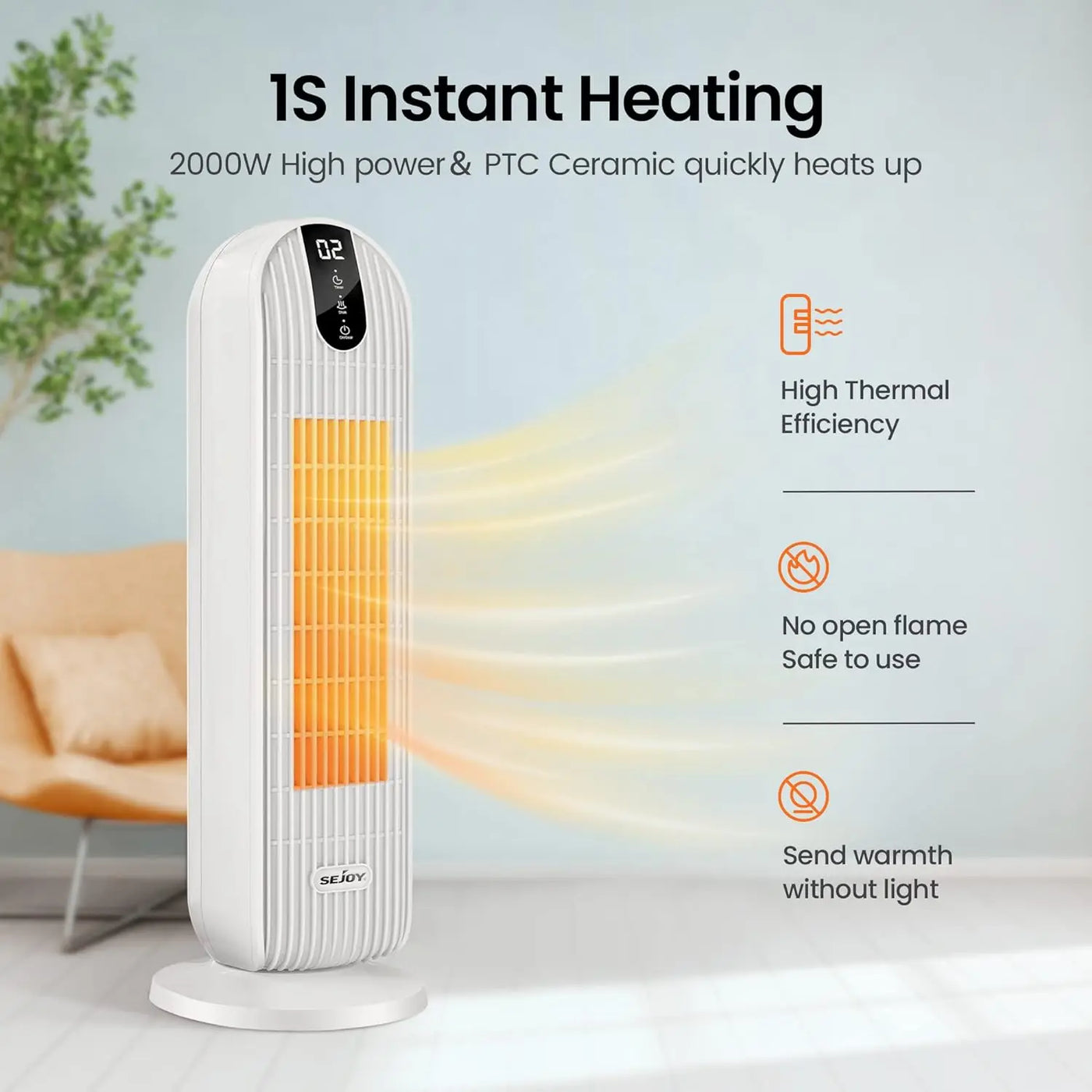 SEJOY Fan Heater Energy-Saving Quiet Electric Heaters Electric Blanket 3 Modes 90° Oscillating Overheating Tilt Protection