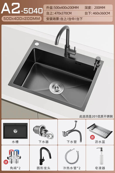 Stainless steel black sink, large single sink, hand-thickened kitchen under-counter basin, vegetable basin, dishwasher