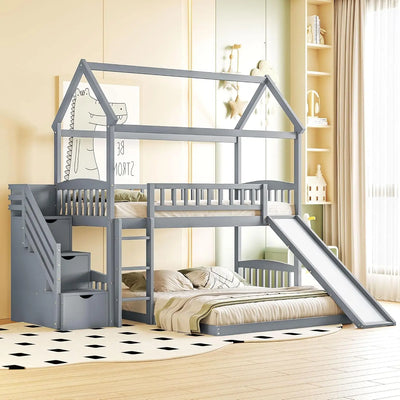 Bunk Bed with Slide, House Bunk Beds Twin Over Twin Stairway Bunk Beds Playhouse Bunkbed with Storage for Kids Toddlers