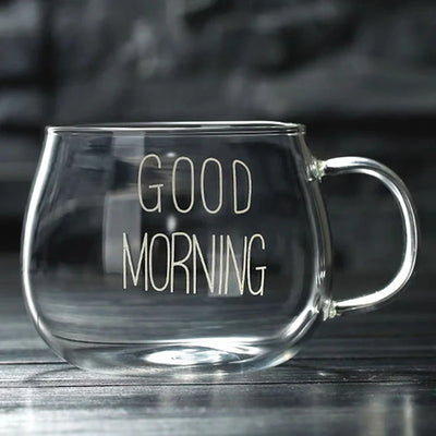 1pcs Letter Printed Transparent Creative Glass Coffee Tea Mug Drinks Dessert Breakfast Milk Cup Glass Mugs Handle Drinkware