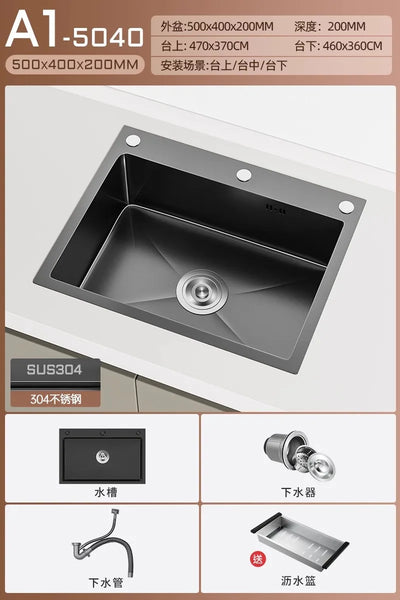 Stainless steel black sink, large single sink, hand-thickened kitchen under-counter basin, vegetable basin, dishwasher