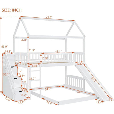 Bunk Bed with Slide, House Bunk Beds Twin Over Twin Stairway Bunk Beds Playhouse Bunkbed with Storage for Kids Toddlers, White