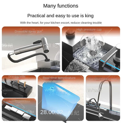 Hot selling Stainless Steel Waterfall Kitchen Sink With Knife Holder Digital Display Faucet Set Embossed Extra Large Single Slot