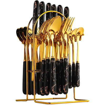 LMETJMA 24 Pcs Flatware Set Stainless Steel Knives Forks Spoons Cutlery Set Service for 6 Kitchen Utensil Tableware Set JT378