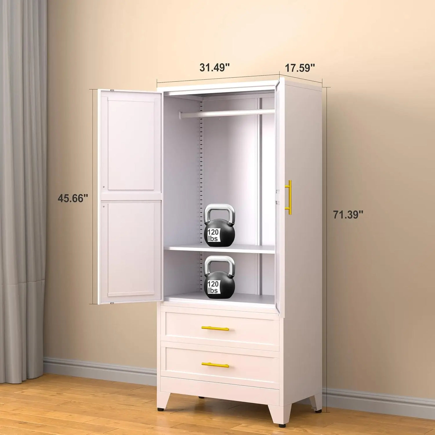 Wardrobe Closet Storage Cabinet with Hanging Rod,71'' Metal Clothing Cabinet with 2 Doors and Adjustable Shelf,2 Drawers for Bed