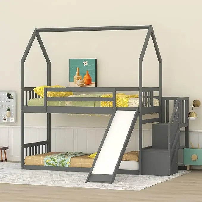 House Bunk Bed with Convertible Slide and Storage Staircase, Wood Twin Over Twin Bunk Bed Frame, No Box Spring Needed (White)