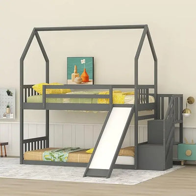 House Bunk Bed with Convertible Slide and Storage Staircase, Wood Twin Over Twin Bunk Bed Frame, No Box Spring Needed (White)