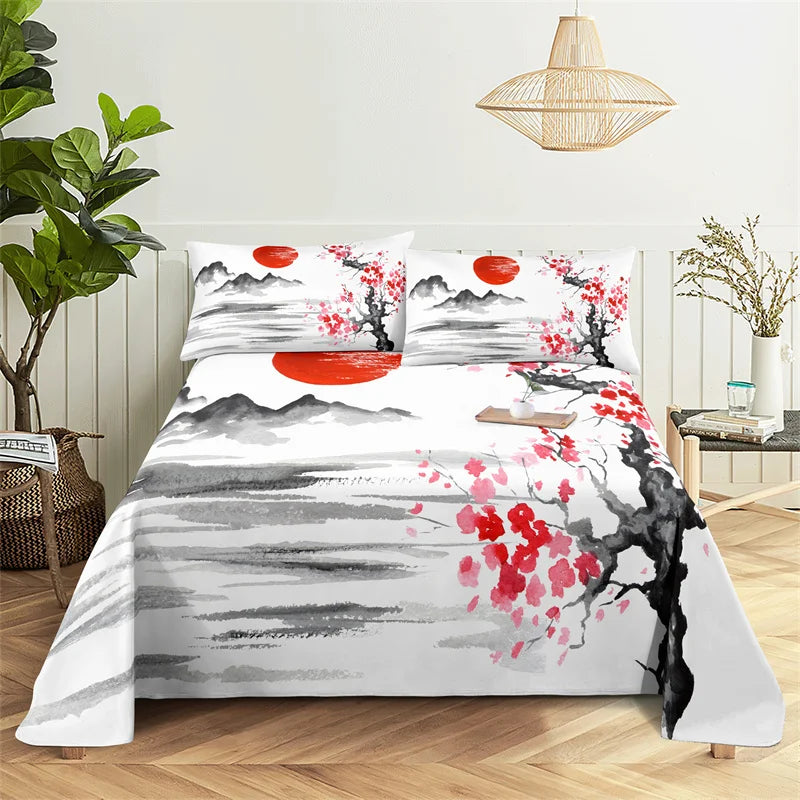 Chinese Ink And Wash Flat Sheet Bedding Digital Printing Polyester Full Size Set Cover With Pillowcase Printed Bedroom Decor