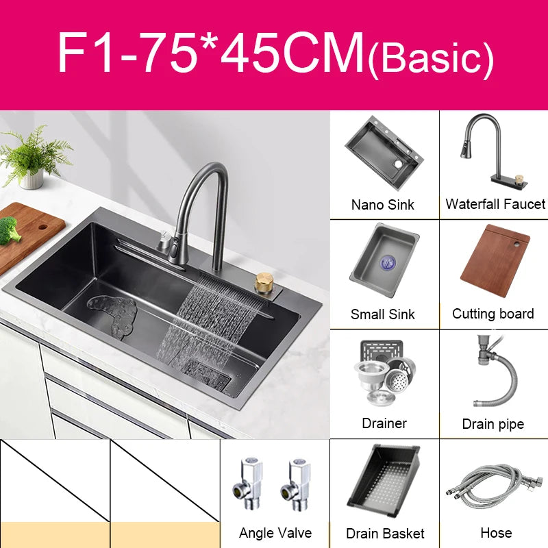 Multifunction Black Nano Kitchen Sink Waterfall Faucet Large Single Bowl Cup Washer Pure Tap Soap Dispenser 304 Stainless Steel