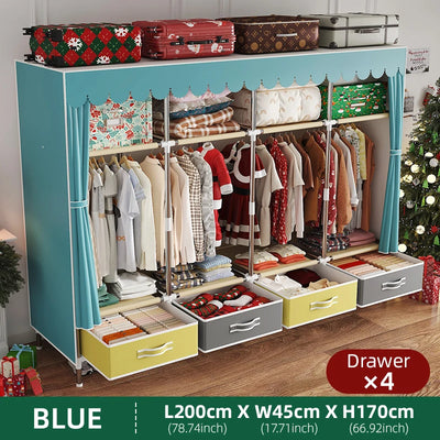 Simple wardrobe with drawers and curtains, fabric dustproof cloth, large capacity wardrobe, durable assembly, dormitory splicing