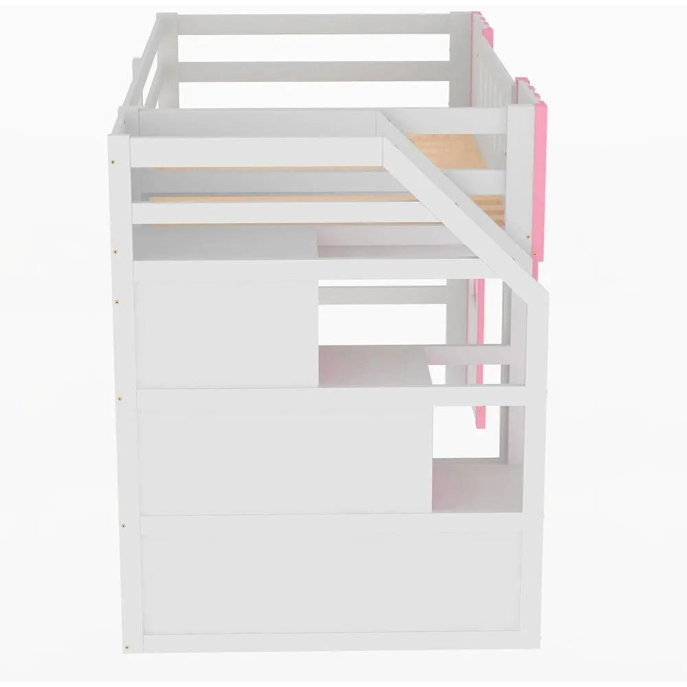 Twin Size Loft Bed with Storage Staircase and Window, Wood Playhouse Bed Frame with Storage for Boys, Girls, Gray,Pink