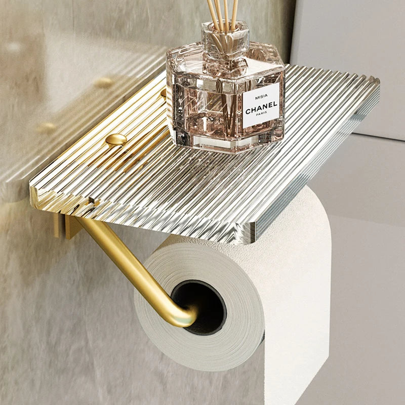 Toilet Paper Holder with Shelf - Wall Mount Bathroom Paper Roll Holder Rustproof Acrylic & Aluminum Toilet Tissue Holder Gold