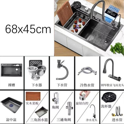 waterfall faucet, large single sink, stainless steel material, the best-selling sink in China