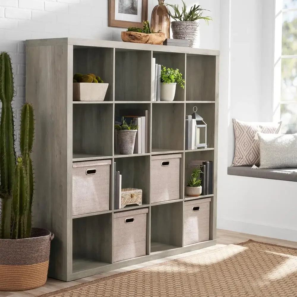 16-Cube Storage Organizer Rustic Gray Bookcase Furniture Shelves Display Modern Living Room Bedroom StorageBins Organizer Open