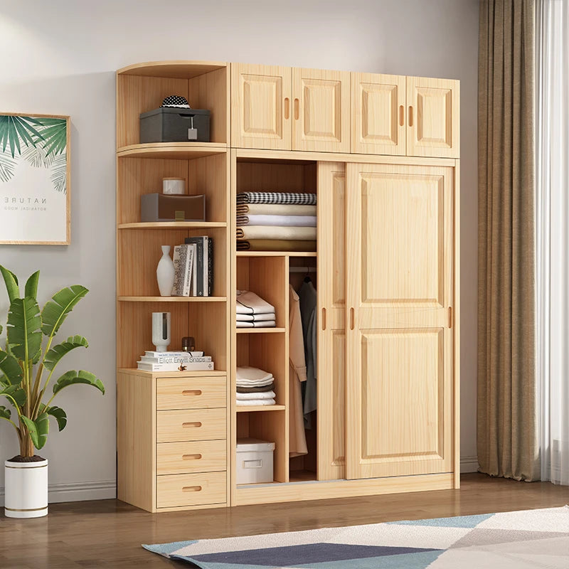 All solid wood pine sliding door wardrobe modern log children's clothes cupboard simple wardrobe home bedroom locker