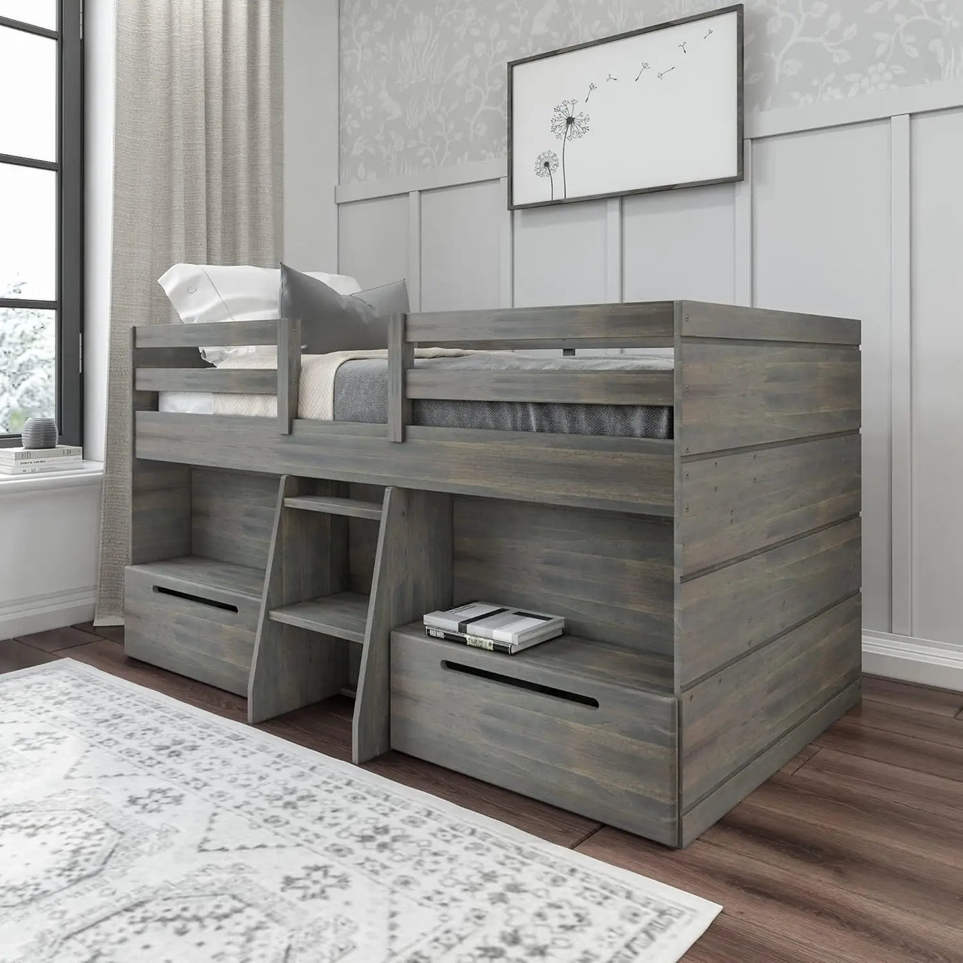 Modern Farmhouse Low Loft Bed, Twin Bed Frame for Kids with 2 Bookcases, Easy To Assembly, Bedroom Furniture Children Beds