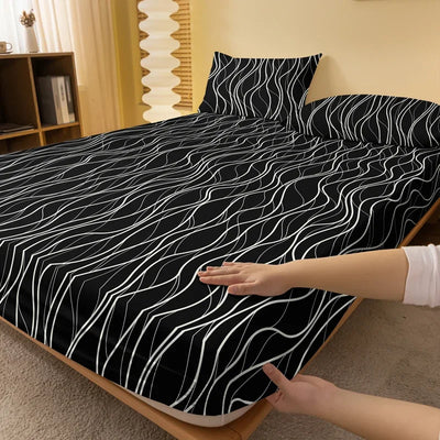 1 piece of black background white wave pattern matte bedsheet, bedroom printed bedspread, bedding (excluding pillowcases)