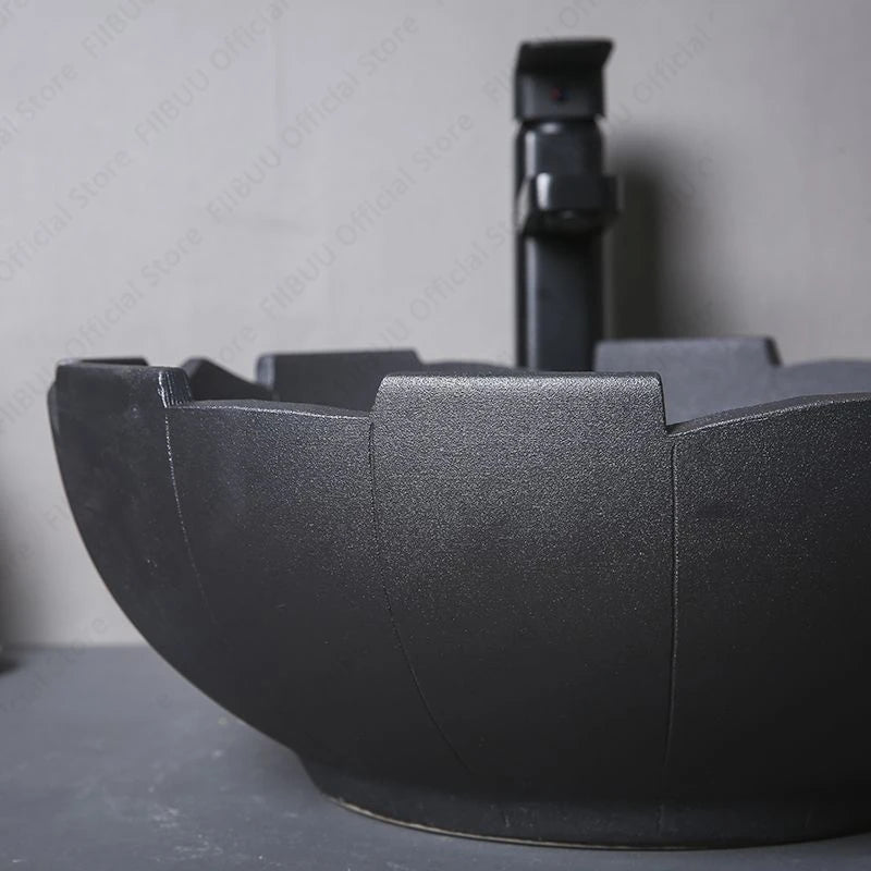 Black Ceramic Vessel Sink Lavatory Vanity Table Sink Above Counter Bathroom Art Basin Bowl Balcony Round Pedestal Washing Basin