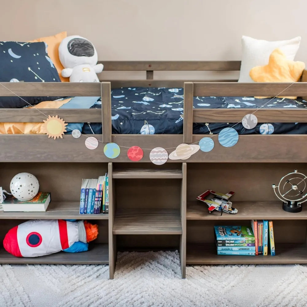 Modern Farmhouse Low Loft Bed, Twin Bed Frame for Kids with 2 Bookcases, Driftwood