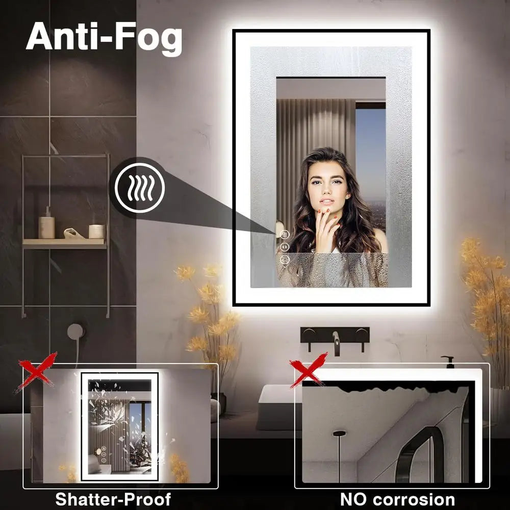 Bathroom Vanity Mirror LED 28x36 Black Aluminum Frame Stepless Dimmable Anti-Fog Touch Sensor