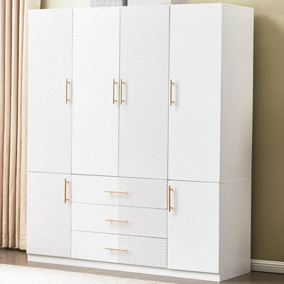 Wardrobe Closet, Bedroom Armoires Cabinet Wooden with Hanging Rod Inside Cabinet and Drawers