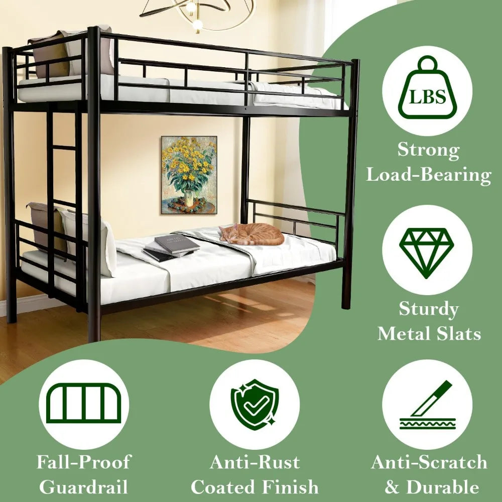 Twin Over Twin Bunk Beds for Adults Convertible Metal Bunk Bed Heavy Duty Bunkbeds Frame for Teens Dorm Small Spaces Bedroom