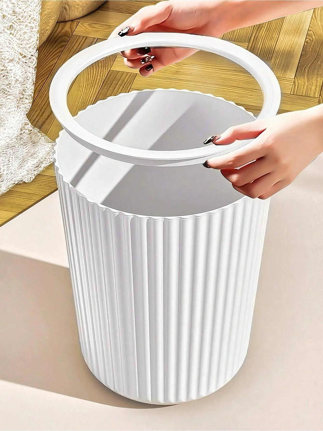 1pc Simple Striped Trash Can, Paper Basket Bin For Bedroom, Living Room, Bathroom, Waste Management Container