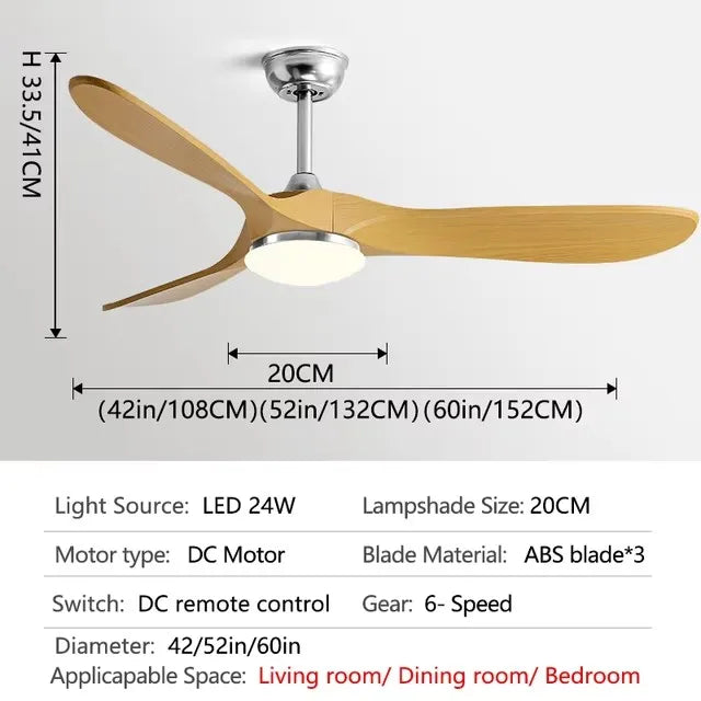 42/52/60Inch 3 ABS blade DC 35W pure copper motor Ceiling Fan with Remote Control and 20W LED Light Restaurant Fan