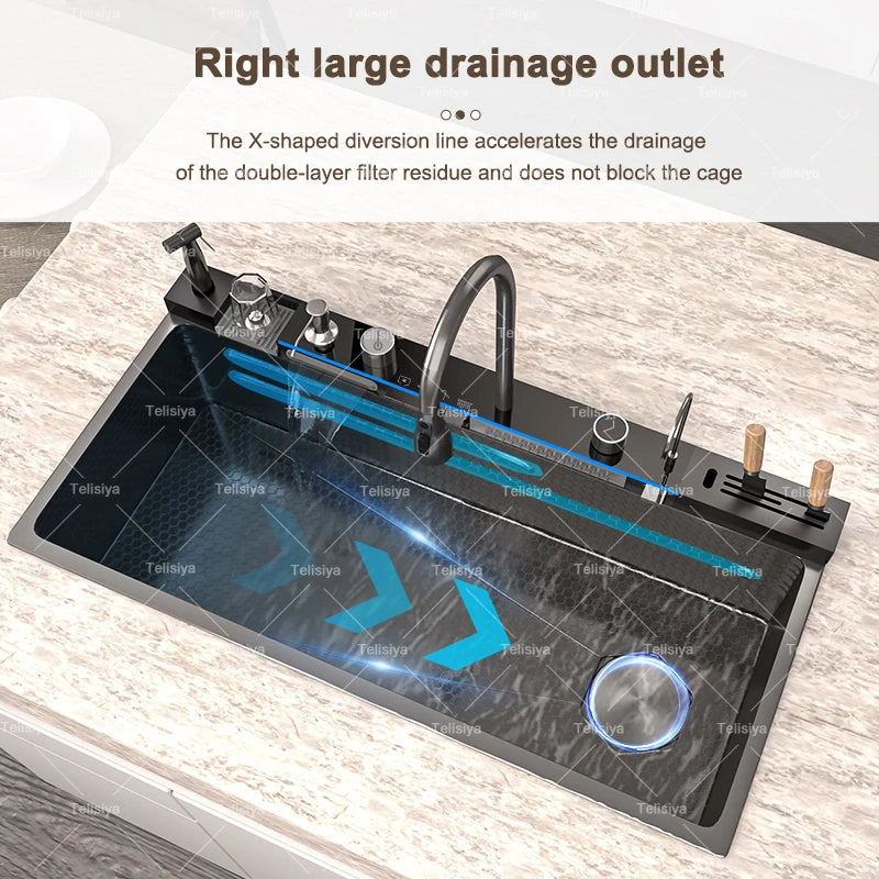 Stainless Steel Waterfall Kitchen Sink Embossed Extra Large Single Slot Digital Display Multifunctional Oversized Sinks 100x50cm