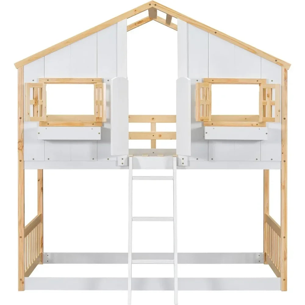 House Bunk Bed Twin Over Twin for Kids, Wood Bunk Beds with Roof, Windows, Window Box and Small Door, Floor Bunk Beds