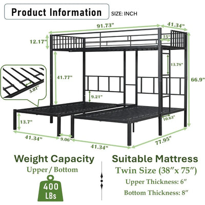 Metal Bunk Bed Separatable Twin Over Twin Triple Bunk with Slat Support No Box Spring Needed