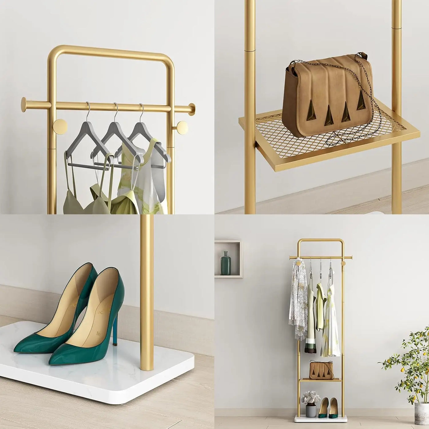 TIEOU Gold Clothes Rack with Shelf, Gold Clothing Racks for Boutiques, Free-Standing Garment Gold Coat Rack, Small Metal Clothes